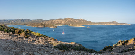 Aerial view of the Malfatano Gulf in the south of Sardinia with many beautiful beaches and blue and turquoise waterの写真素材