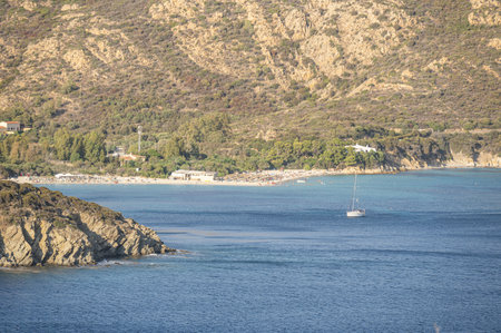 Aerial view of Tuerredda bay with the beach of fine sand and transparent blue and turquoise waterの写真素材
