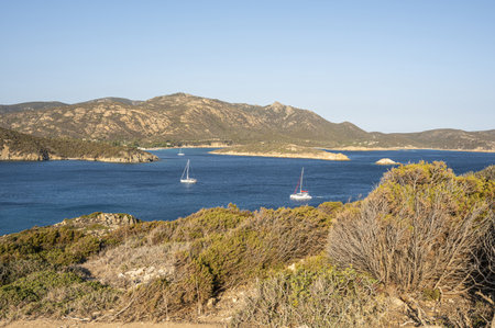 Aerial view of the Malfatano Gulf in the south of Sardinia with many beautiful beaches and blue and turquoise waterの写真素材