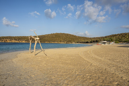 Aerial view of a bay with the beach of fine sand and transparent blue and turquoise waterの写真素材