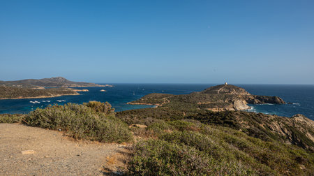 Aerial view of the Malfatano Gulf in the south of Sardinia with many beautiful beaches and blue and turquoise waterの写真素材