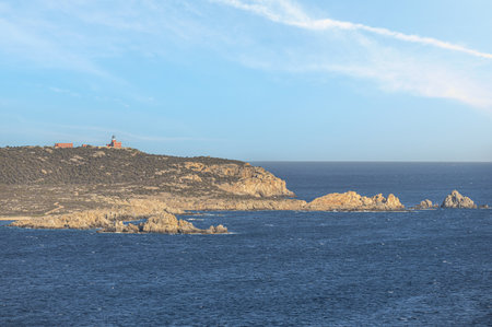 Aerial view of the Malfatano Gulf in the south of Sardinia with many beautiful beaches and blue and turquoise waterの写真素材