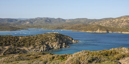 Aerial view of the Malfatano Gulf in the south of Sardinia with many beautiful beaches and blue and turquoise waterの写真素材
