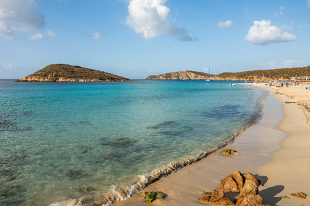 Aerial view of Tuerredda bay with the beach of fine sand and transparent blue and turquoise waterの写真素材