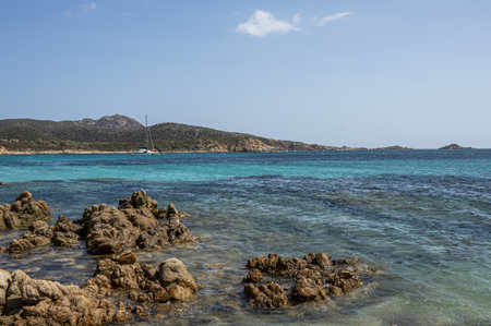 Aerial view of Tuerredda bay with the beach of fine sand and transparent blue and turquoise waterの写真素材