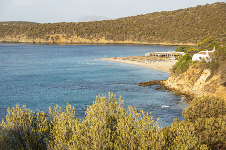Aerial view of Tuerredda bay with the beach of fine sand and transparent blue and turquoise waterの写真素材