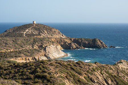 Aerial view of the Malfatano Gulf in the south of Sardinia with many beautiful beaches and blue and turquoise waterの写真素材