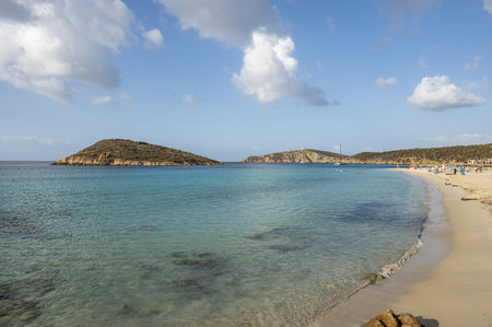 Aerial view of Tuerredda bay with the beach of fine sand and transparent blue and turquoise waterの写真素材