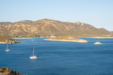 Aerial view of the Malfatano Gulf in the south of Sardinia with many beautiful beaches and blue and turquoise waterの写真素材