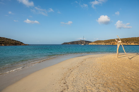 Aerial view of Tuerredda bay with the beach of fine sand and transparent blue and turquoise waterの写真素材