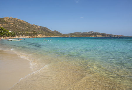 Aerial view of Tuerredda bay with the beach of fine sand and transparent blue and turquoise waterの写真素材