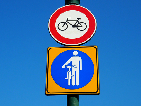 Do not ride bicycle, street signsの写真素材