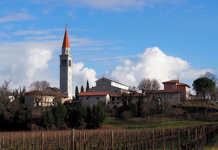 Townscape of Santa Maria del Gruagno, a medieval village near Udine in Italy, in a winter morningの写真素材