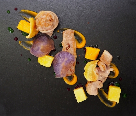 Guinea fowl meat with pumpkin pieces, vegetables and sauces on a black tray in a restaurantの写真素材