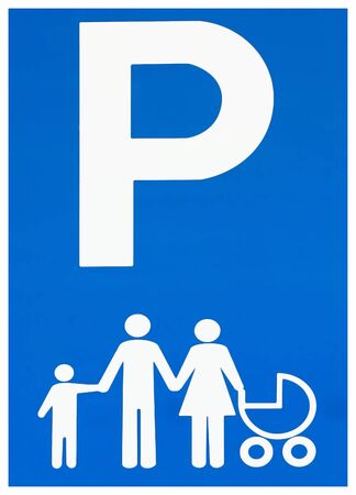 Family parking sign, with the P letter,, and under a family with the silhouettes of mother, dad, child and stroller.の写真素材