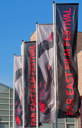 Udine, Italy. May 1 2019. Flags of the Far East Film Festival outside the Udine theater. The festival is one of the most important review of Asian popular cinemaのeditorial素材