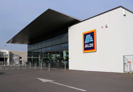 Udine, Italy. February 13, 2020. Aldi supermarket recently opened in the city. Aldi is a large discount chains operating in many countries.のeditorial素材