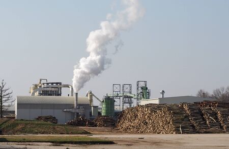 Paper mill with steaming chimney and large stacks of whole tree trunks in the square in frontの写真素材