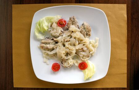 Sarde in Saor, sardines with sweet and sour onions. It is a traditional appetizer of Venetian cuisine, spread all over in north east Italyの写真素材