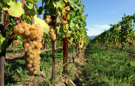 Ribolla Gialla grape on a vine in Friuli, just before the harvest.の写真素材