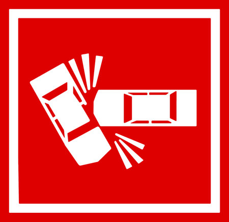 Traffic accident ahead, warning sign with two damaged car on red background. It is a public sign board used in Italyの写真素材