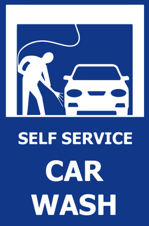 Self service car wash, information sign on blue backgroundの写真素材