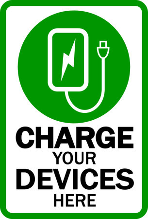 Charge your devices here. Information sign for recharging battery of mobile phone, tablets and other electric devices in mall or public placeのイラスト素材