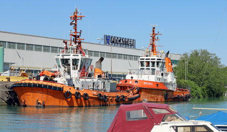Monfalcone, Italy. May 9, 2021. Fincantieri logo outside the large shipyards in the town. It is a big Italian shipbuilding company, one of the largest in the world.のeditorial素材