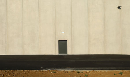 Large concrete block facade with a black metal door. Aspalth road in front. background for copy space.の写真素材