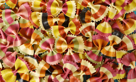 Multicolor raw pasta, Farfalle type Each piece has three different colors. Backgrounds and texturesの写真素材