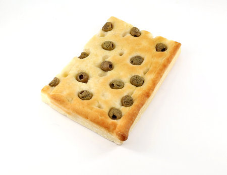 Focaccia with olives white background. It is a traditional Italian oven baked bread similar in texture to pizza.の写真素材