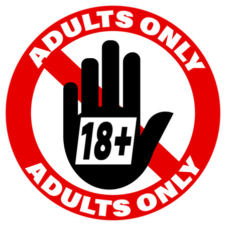 No under 18s, adults only. Prohibition sign with silhouette of hand and text.のイラスト素材
