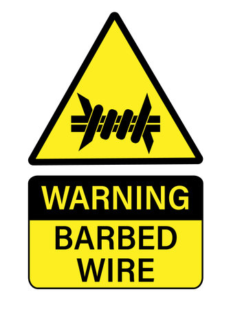 Warning barbed wire, yellow triangle sign with silhouette and text.のイラスト素材