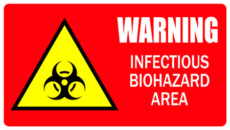 Warning, infectious biohazard area. Warning yellow triangle sign and symbol on red background with textのイラスト素材