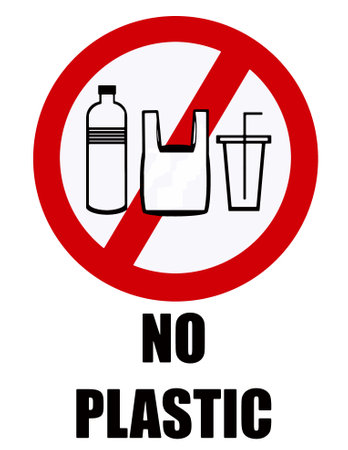 No plastic, prohibition sign with silhouette of common use plastic materials like bag, bottle and cup.の写真素材
