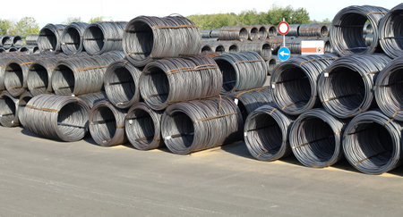 Freshly manufactured steel wire rods in the outdoor storage of the steel mill.の写真素材