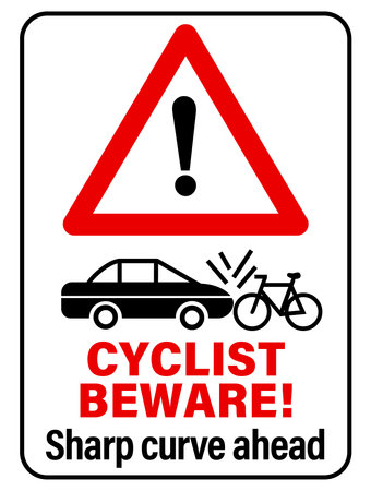 Cyclists beware, sharp curves ahead. Warning sign with silhouettes of bicycle and car clashing. Text.のイラスト素材