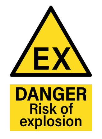 Danger risk of explosion. Explosive atmosphere. Yellow triangle warning sign with symbol and text.のイラスト素材