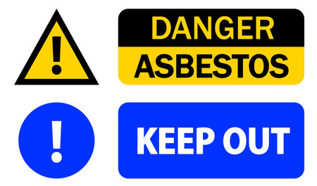 Danger asbestos, keep away. Warning sign on health risk in areas build with this material till it was banned years ago.のイラスト素材