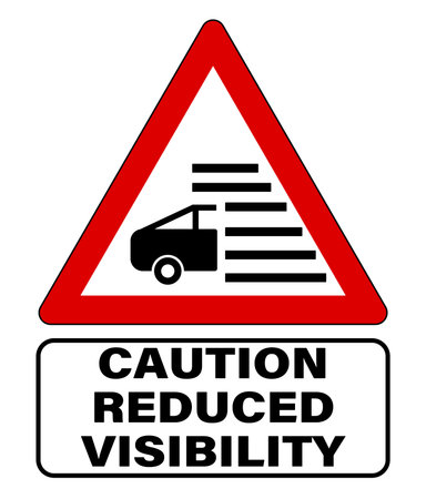Caution reduced visibility, fog area. Triangle road warning sign.のイラスト素材
