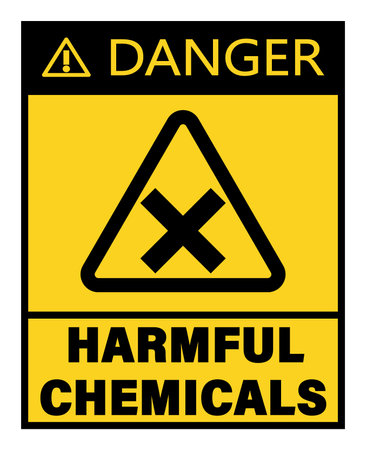 Harmful chemicals, warning sign with yellow triangle, symbols and text.のイラスト素材