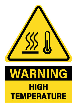 Warning, high temperatures. Yellow triangle sign with the symbols of thermometer and heat waves. Text.のイラスト素材