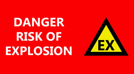 Danger risk of explosion, hazard sign with text and explosive atmosphere symbol. Red background.の写真素材