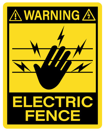 Warning, electric fence. Caution and safety sign with symbols and text.のイラスト素材