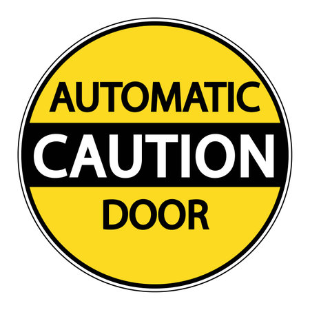 Caution, automatic door. Yellow and black round warning sign with text. Stickerのイラスト素材