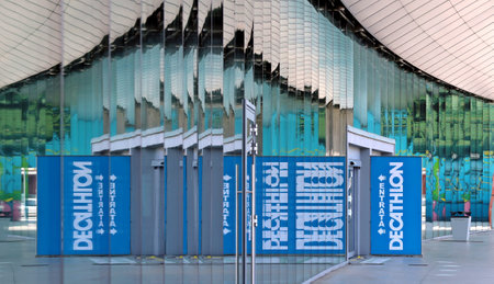 Udine, Italy - April 25, 2021. Entry of Decathlon store in the city . Decathlon is one of the world's largest sporting goods retailersのeditorial素材