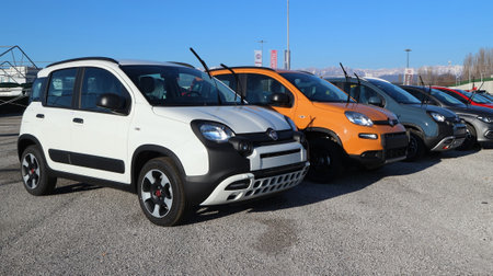 Tavagnacco, Italy. December 20, 2021. New models of Fiat Panda Hybrid lined up outside the official dealership.のeditorial素材