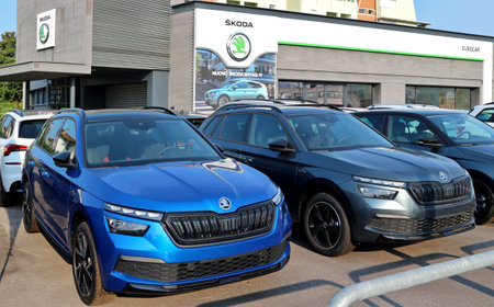 Udine, Italy. August 22, 2021. Skoda Enyaq iV outside Eurocar dealereship, local dealer of the czech automaker.のeditorial素材