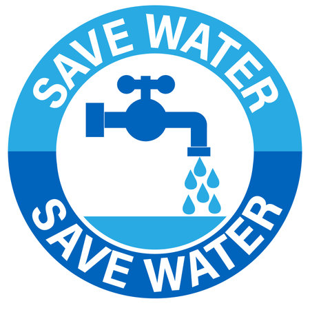 Save water, round blue and white sign with silohouettes of faucet, drops and collected water. Sticker.のイラスト素材