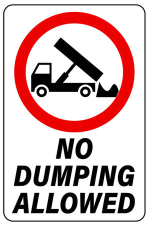 No dumping allowed. Prohibition sign with silhouette of a dump truck unloading wasteのイラスト素材